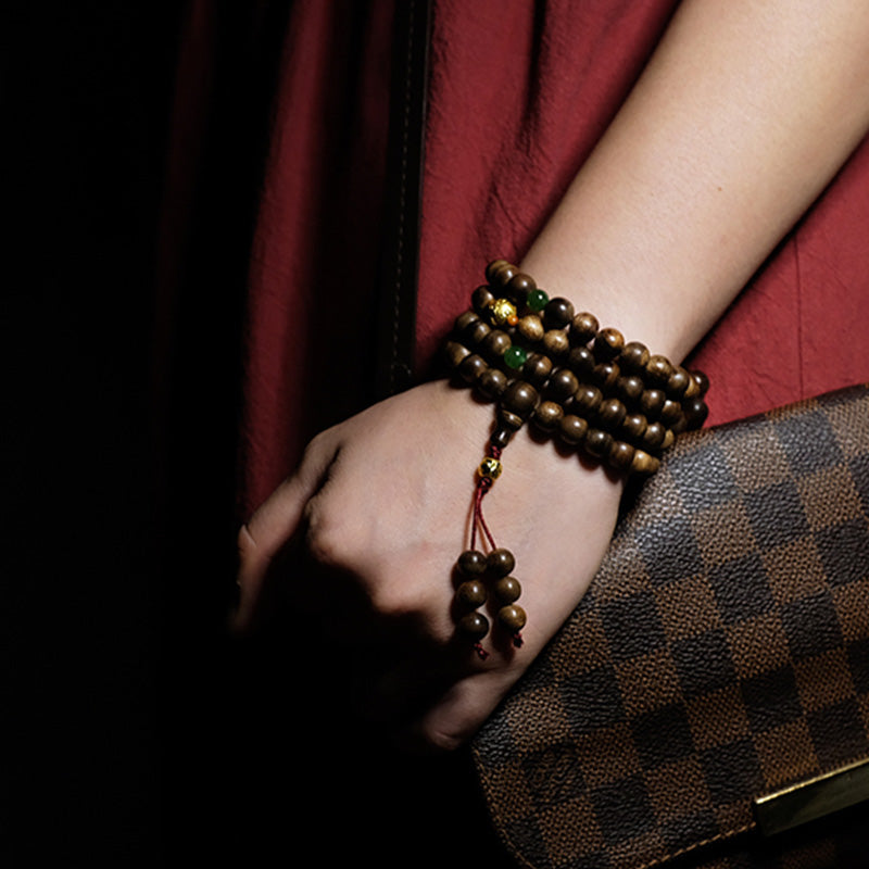 8mm Agarwood Cyan Jade 108 Bead Mala Bracelet for Strength