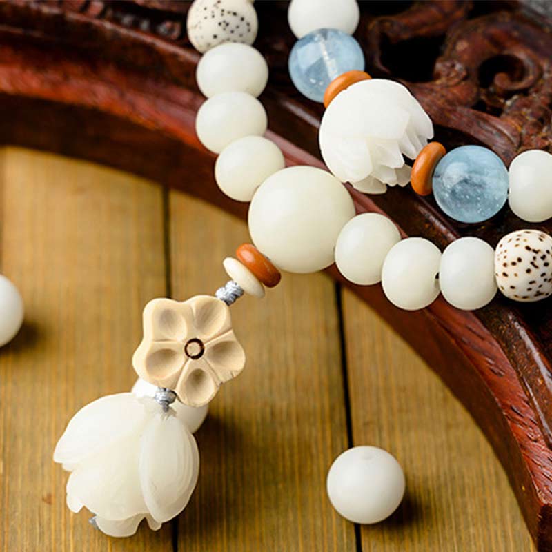 Bracelet Lotus unisexe avec jade blanc, graines de Bodhi et bénédictions