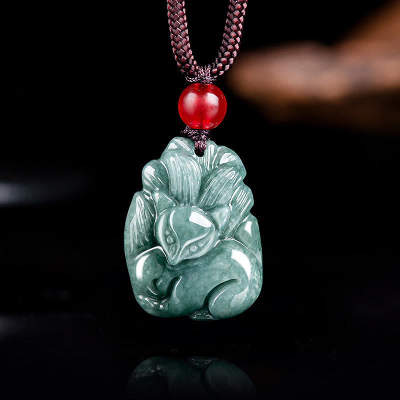 Natural Green Jade Nine-Tailed Fox Prosperity Necklace