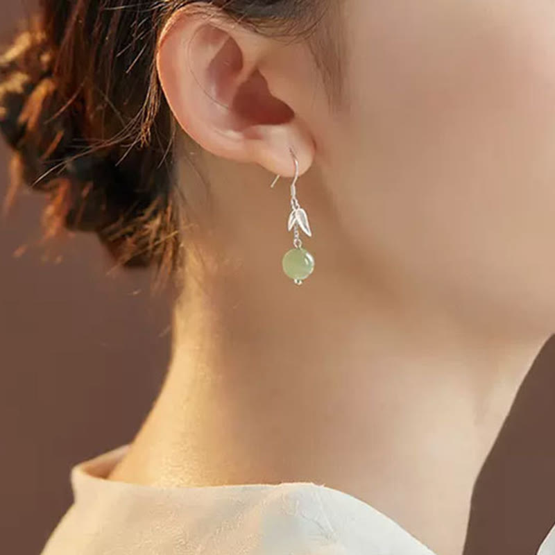 999 Sterling Silver Hetian Jade Bamboo Leaf Luck Drop Earrings