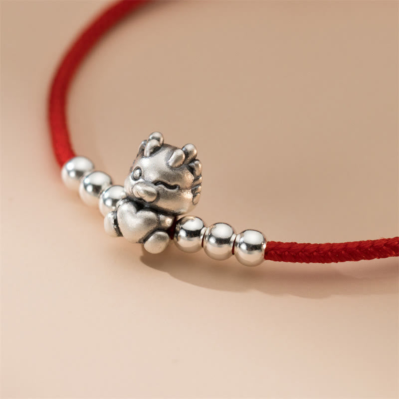 Bracelet porte-bonheur dragon en argent sterling de 23 cm avec cordon rouge