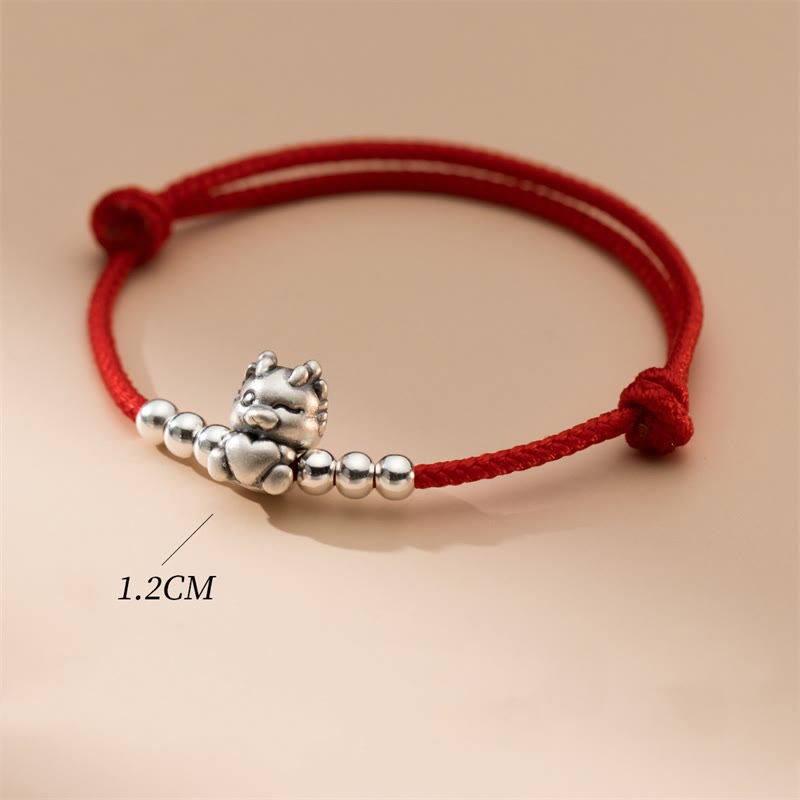 Bracelet porte-bonheur dragon en argent sterling de 23 cm avec cordon rouge