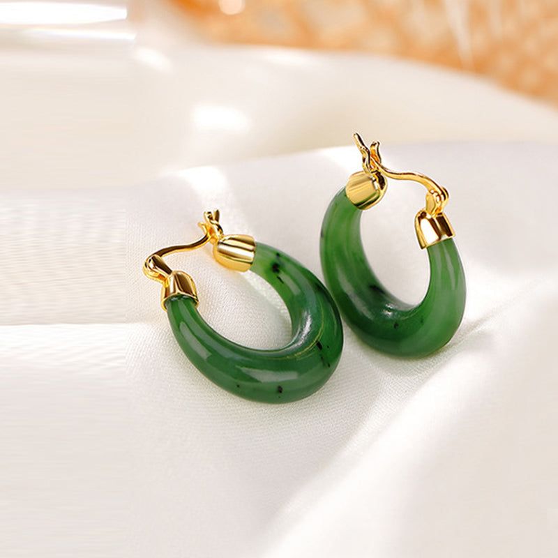 Boucles d'oreilles pendantes porte-bonheur en jade cyan Hetian plaqué or 23 mm