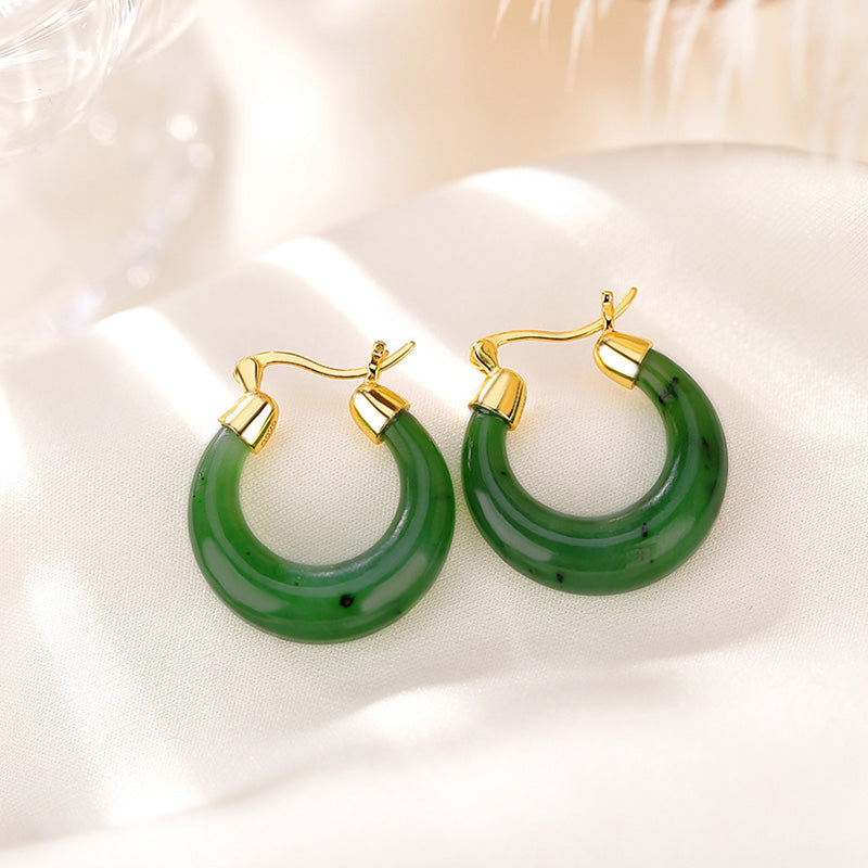 Boucles d'oreilles pendantes porte-bonheur en jade cyan Hetian plaqué or 23 mm
