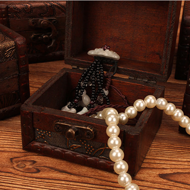 Retro Small Square Wood Jewelry Box with Lotus Design