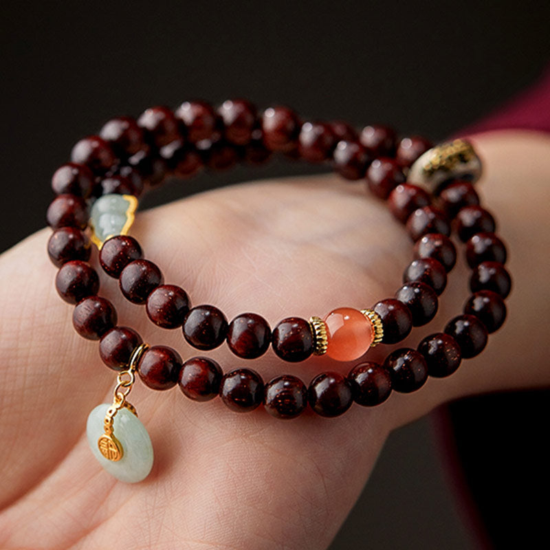 Chinese Zodiac Bracelet with Small Leaf Red Sandalwood & Jade for Protection