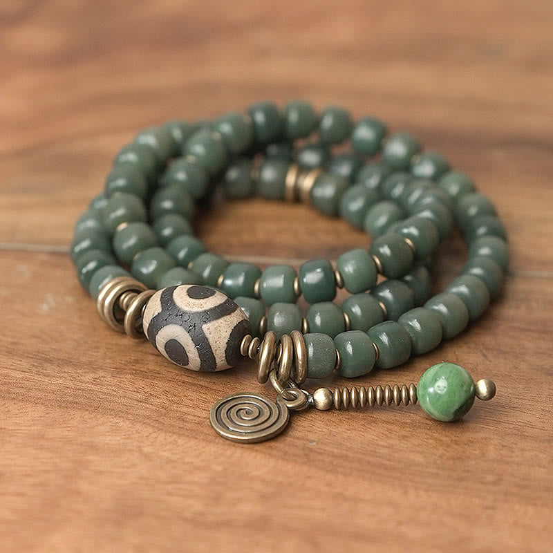 Unisex Cyan Bodhi Seed Dzi Bead Triple Wrap Bracelet