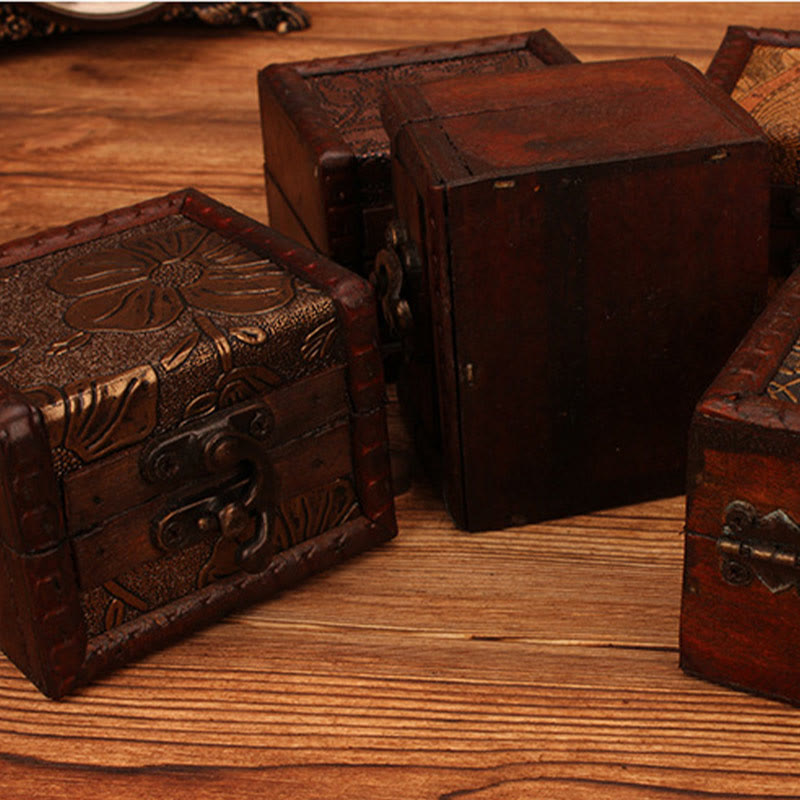 Retro Small Square Wood Jewelry Box with Lotus Design