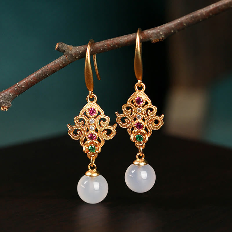 Boucles d'oreilles pendantes spirituelles en calcédoine plaquée or 24 carats