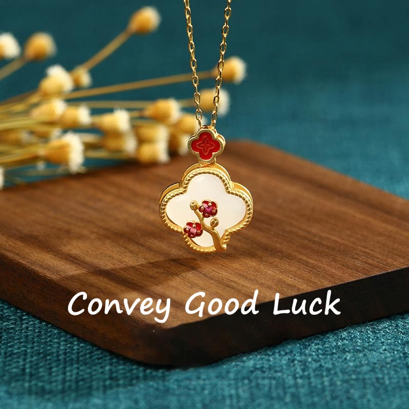 Collier et boucles d'oreilles porte-bonheur en jade blanc plaqué or 24 carats