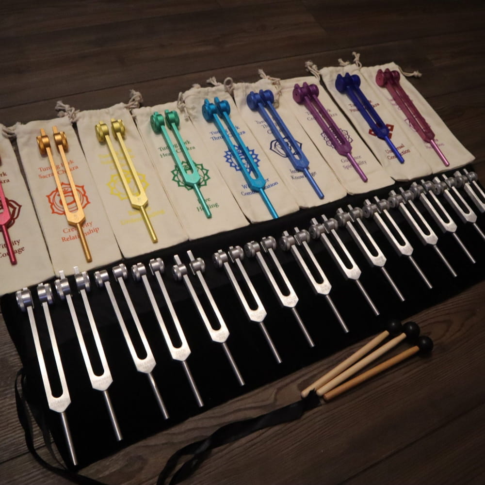 Collection of colorful tuning forks in rainbow pattern for sound healing and biology