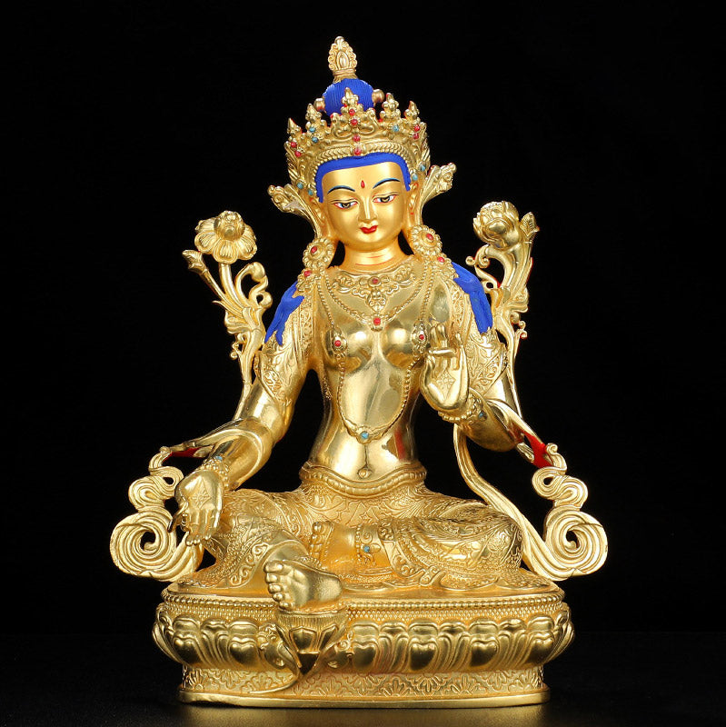 5 Inch Green Tara Protection Buddha Statue Copper Gold Plated