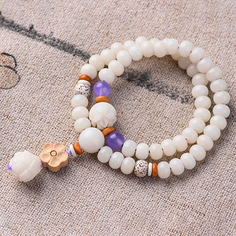 Bracelet Lotus unisexe avec jade blanc, graines de Bodhi et bénédictions