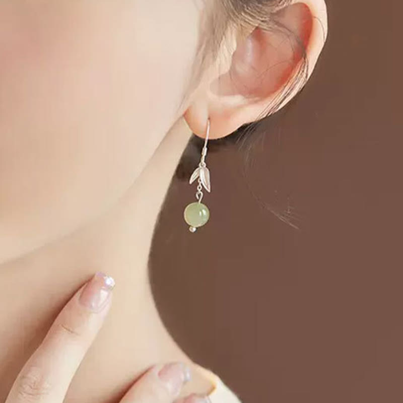 999 Sterling Silver Hetian Jade Bamboo Leaf Luck Drop Earrings