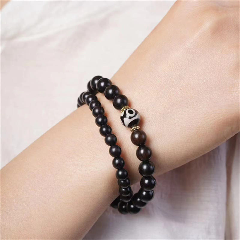 Ebony Wood Dzi Bead Double Wrap Bracelet for Balance