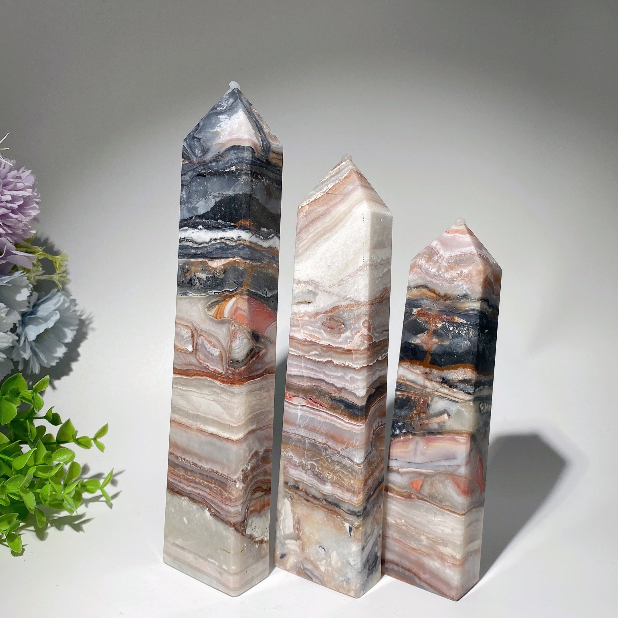 25cm Pink Black Crazy Agate Crystal Tower for Healing