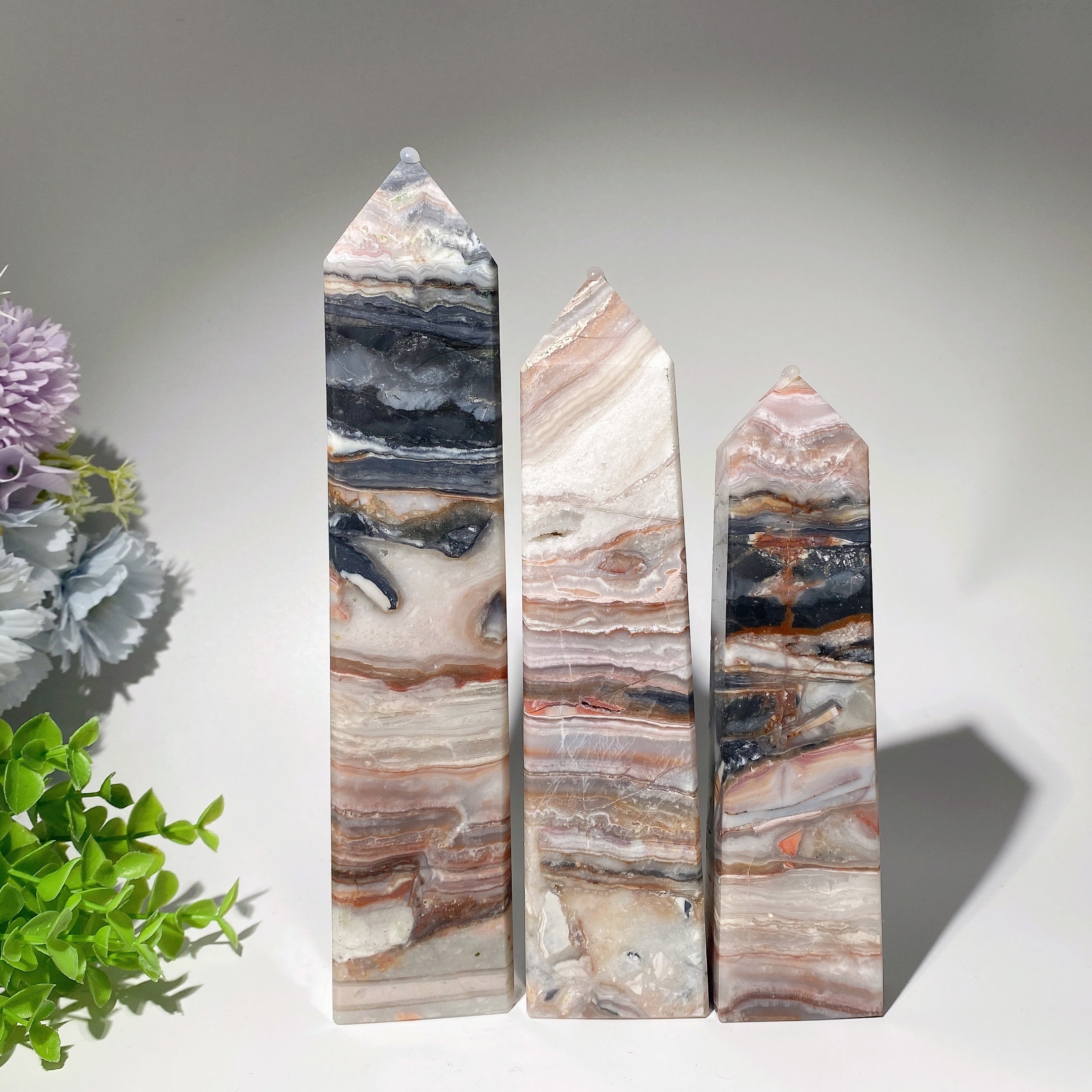 25cm Pink Black Crazy Agate Crystal Tower for Healing
