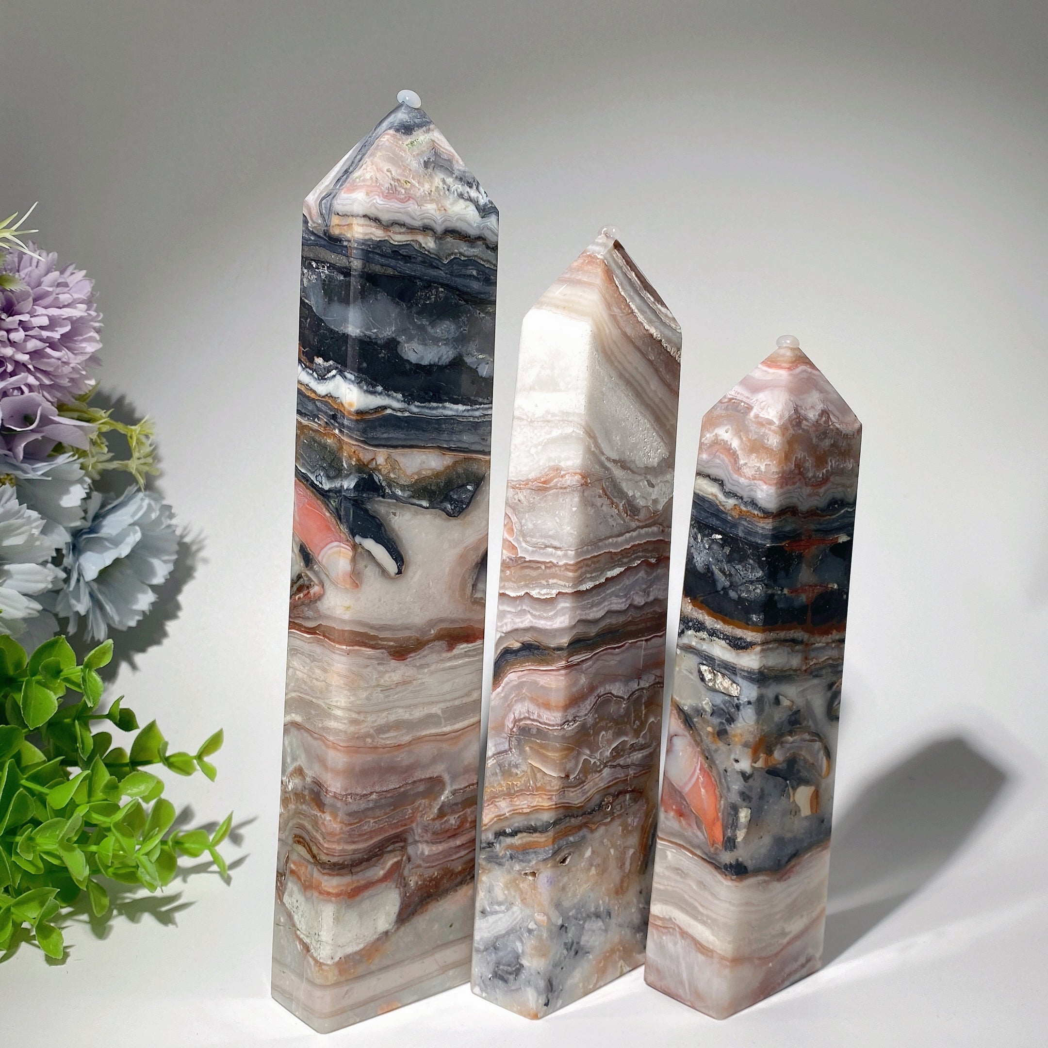 25cm Pink Black Crazy Agate Crystal Tower for Healing