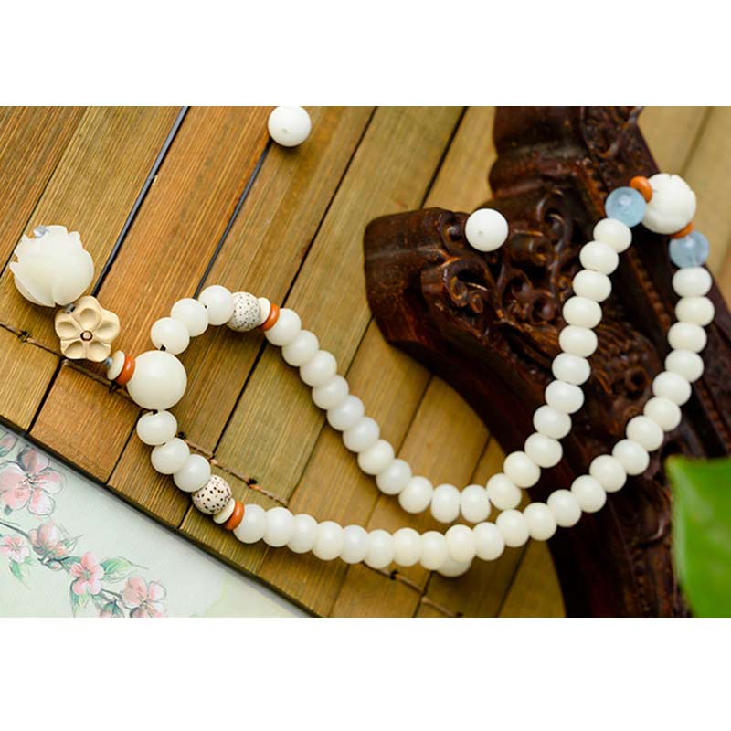 Bracelet Lotus unisexe avec jade blanc, graines de Bodhi et bénédictions