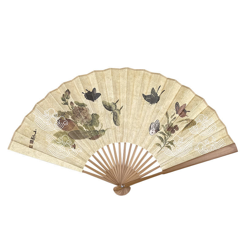 Éventail chinois pliable de 26,6 cm, motif papillon, chat et fleur