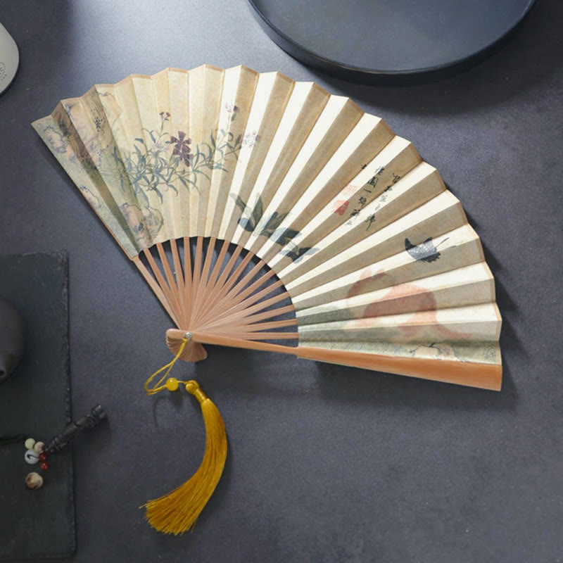 Éventail chinois pliable de 26,6 cm, motif papillon, chat et fleur