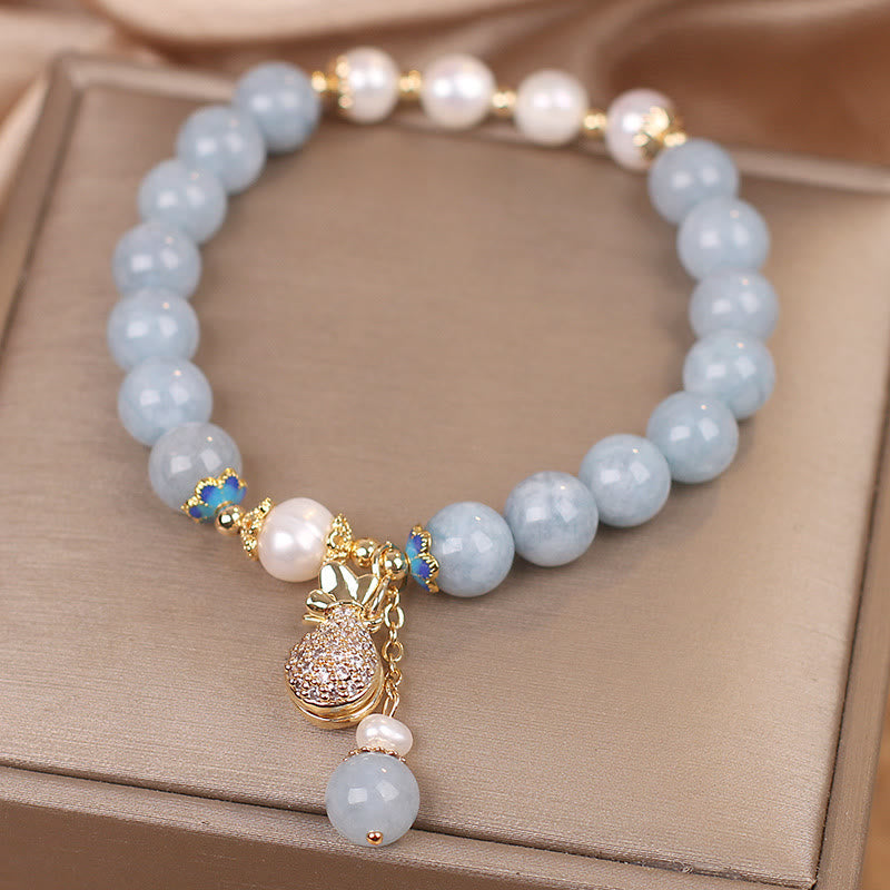 Aquamarine Pearl Fortune Money Bag Charm Bracelet