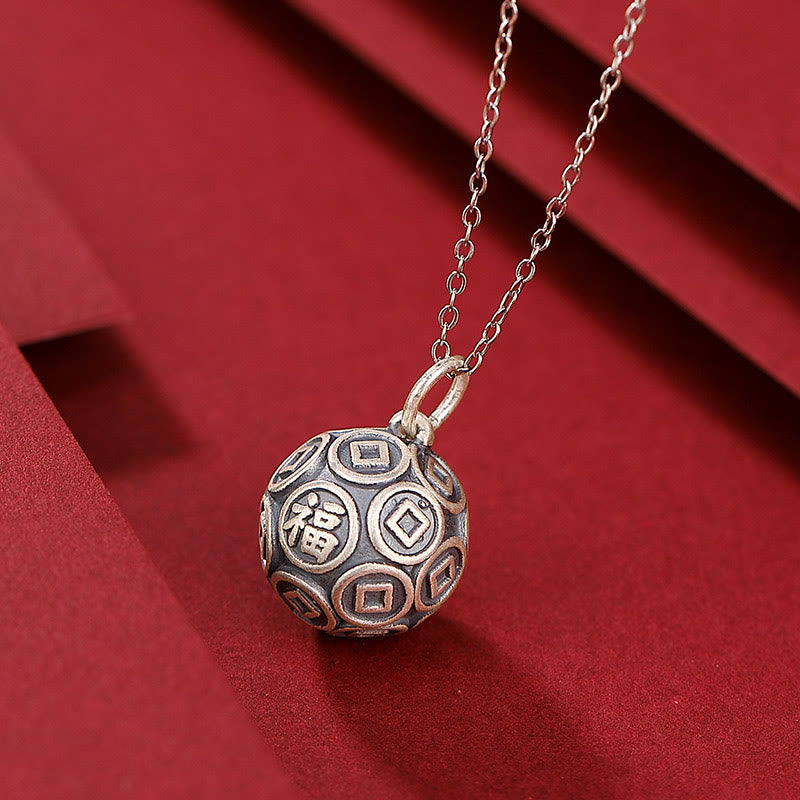 990 Sterling Silver Fu Character Luck Pendant Necklace