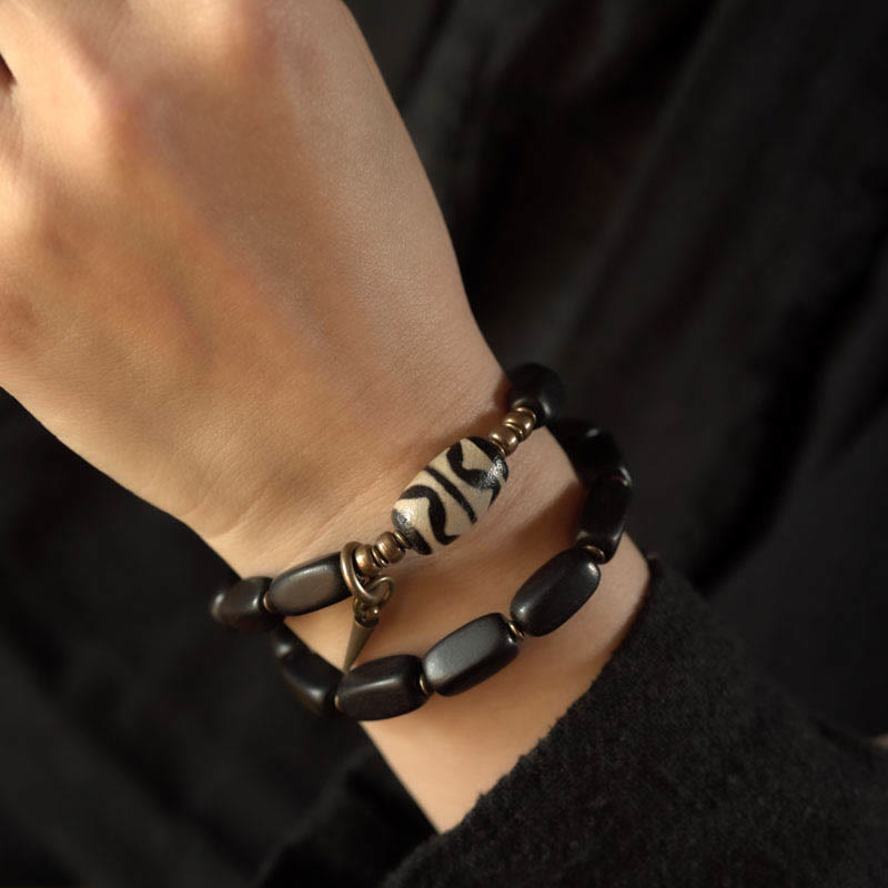 Ebony Wood Double Wrap Bracelet with Dzi Beads for Balance