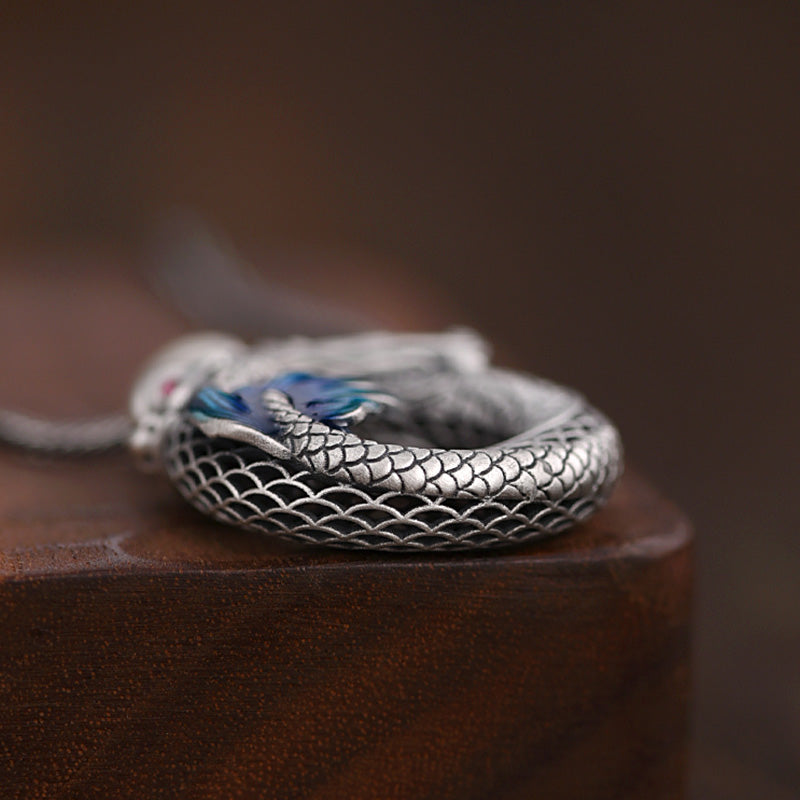 999 Sterling Silver Dragon Necklace with Peace Buckle for Auspicious Success