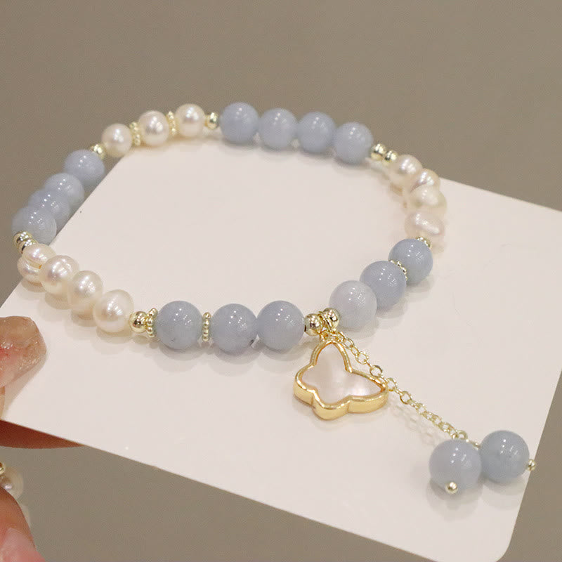 Aquamarine Pearl Healing Bracelet | Ginkgo Leaf & Butterfly Charm