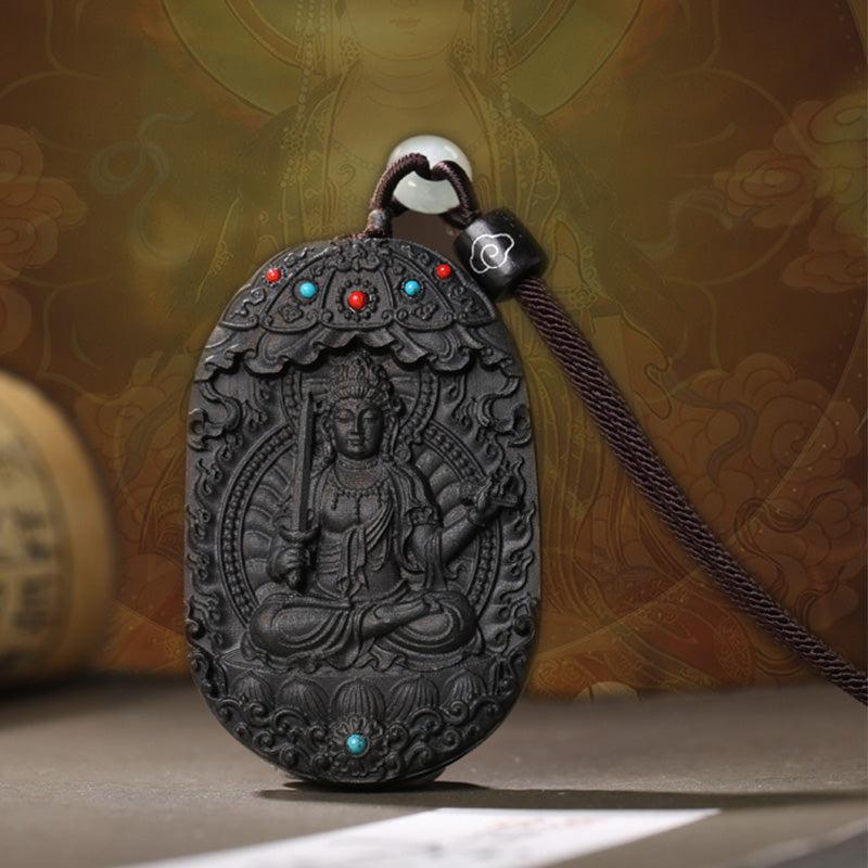 Collier en bois d'agar avec pendentif Om Mani Padme Hum et signe du zodiaque chinois