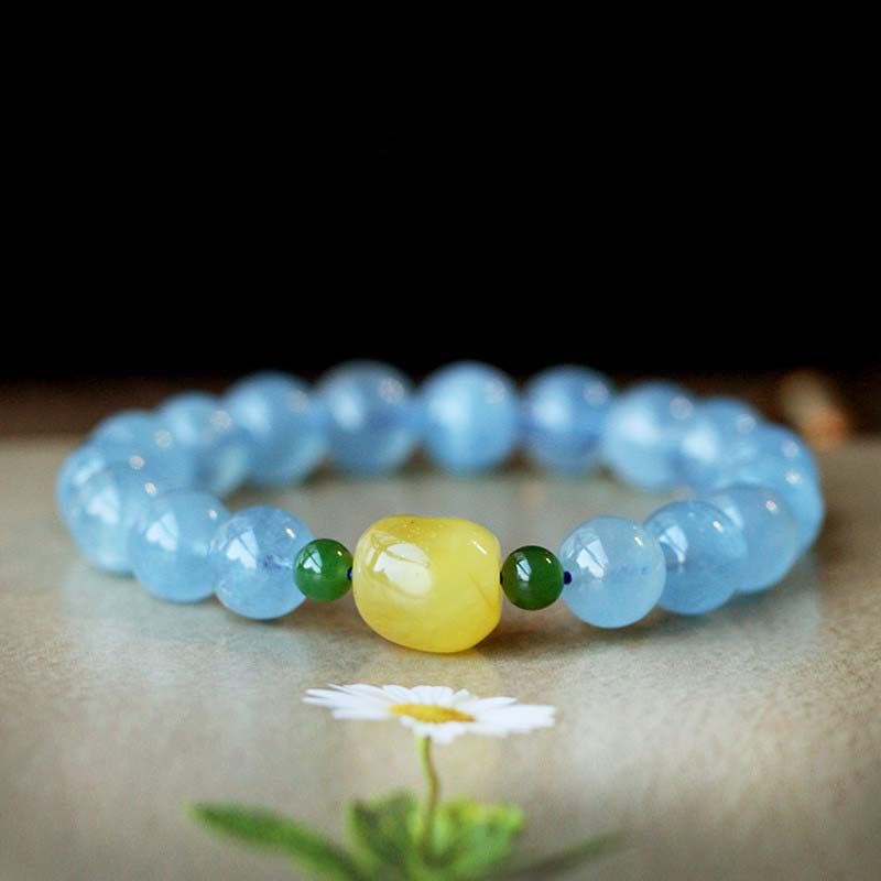 Natural Aquamarine Amber Serenity Healing Bracelet 8mm