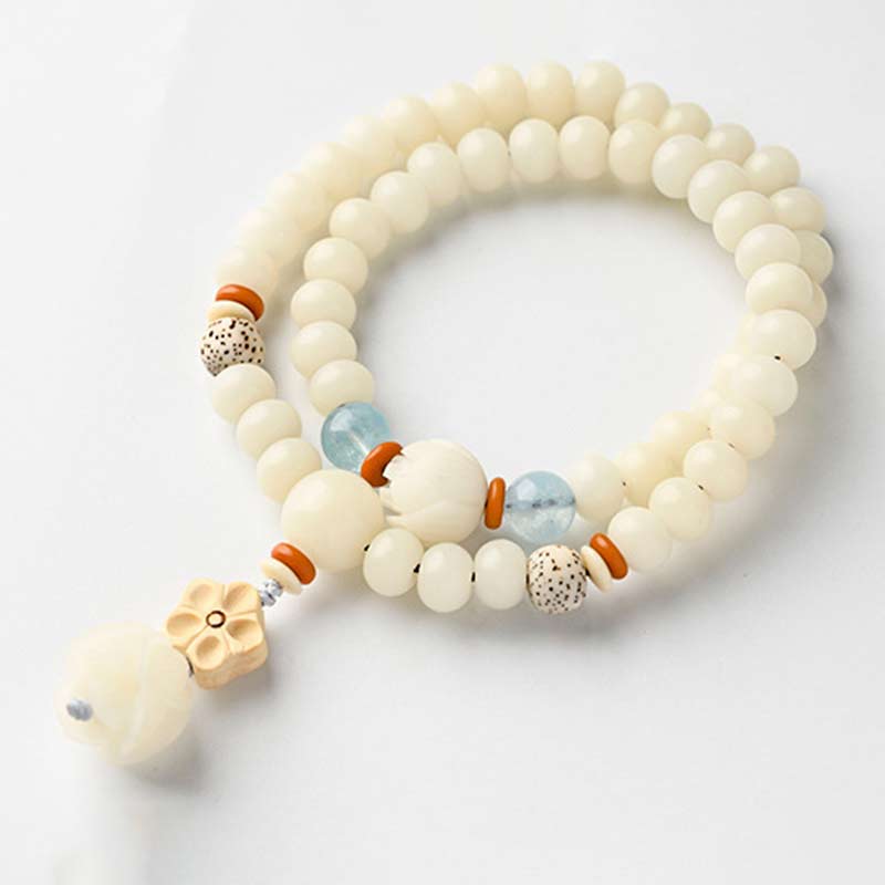 Bracelet Lotus unisexe avec jade blanc, graines de Bodhi et bénédictions