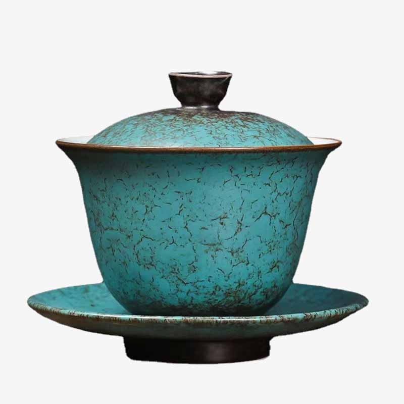 Traditional Pine Tree Green Ceramic Gaiwan Teacup | 150ml | Zen Decor