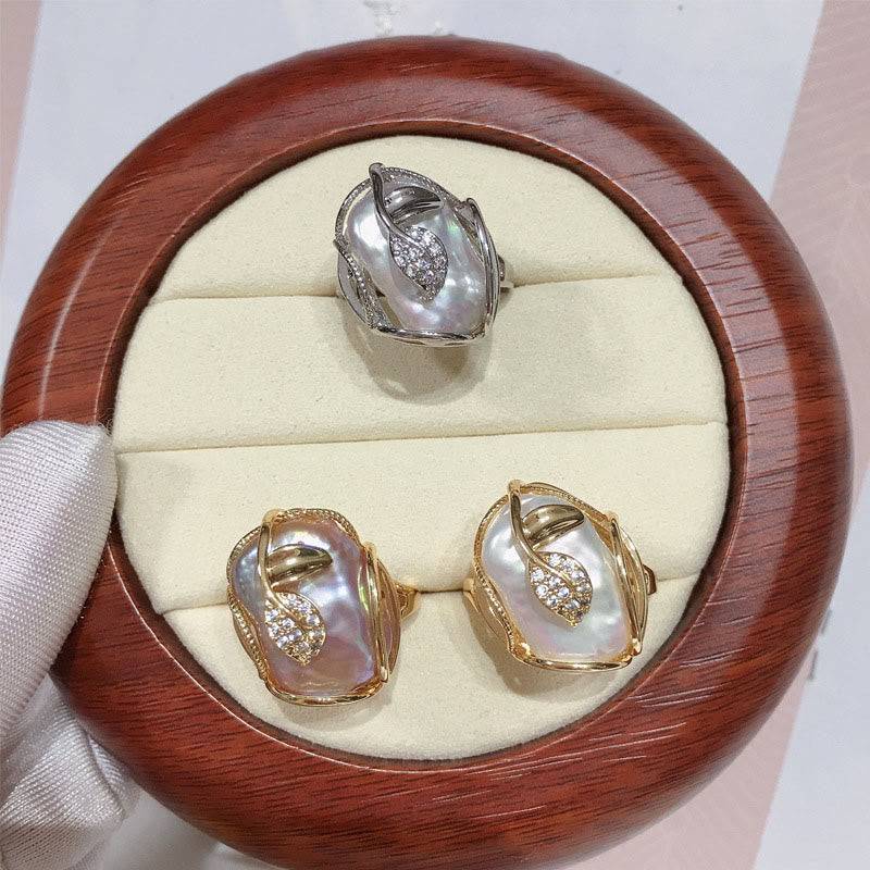 Adjustable Pearl Copper Plated Gold Flower Ring for Wealth & Happiness