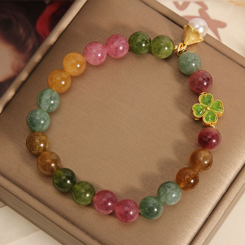 Bracelet de sagesse en tourmaline et trèfle à quatre feuilles