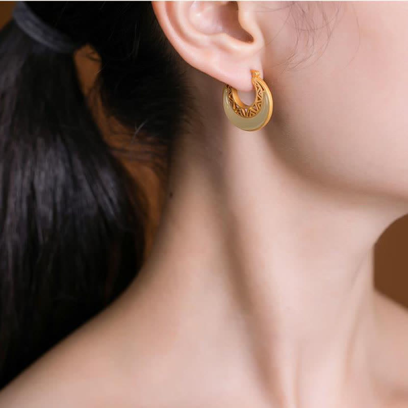 Crescent Moon Jade Prosperity Drop Earrings 23x21mm