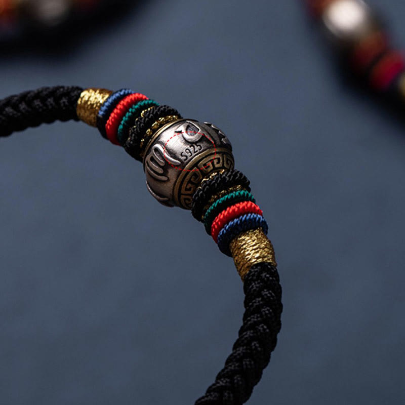 925 Sterling Silver Om Mani Padme Hum Braided Bracelet with King Kong Knot for Luck and Protection