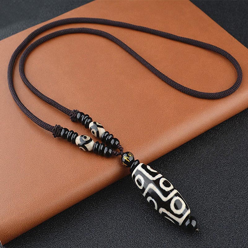 Nine-Eye Dzi Bead Obsidian Necklace 14mm Protection