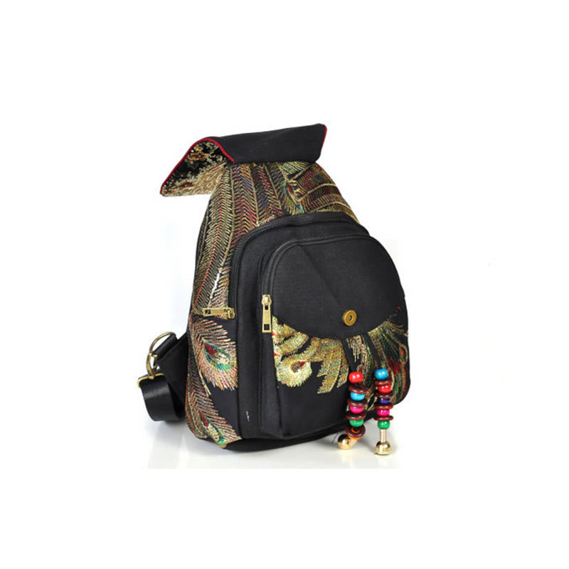 Peacock Embroidery Canvas Tassel Backpack for Spiritual Use