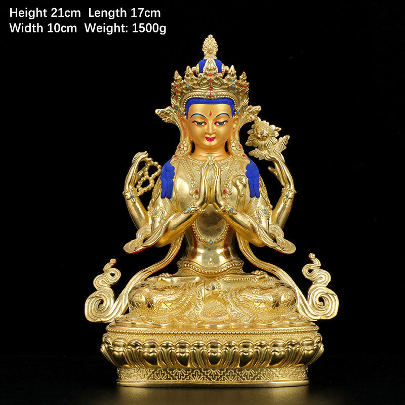 Chenrezig Copper Gold Plated Buddha Statue for Protection 5 Inch