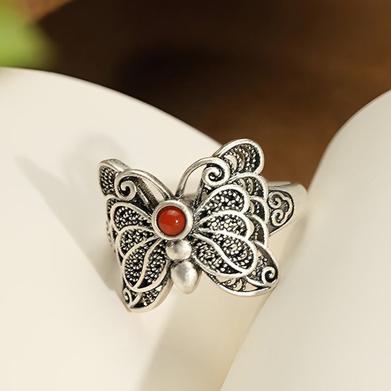 Red Agate Butterfly Ring & Earrings Set for Self-Acceptance