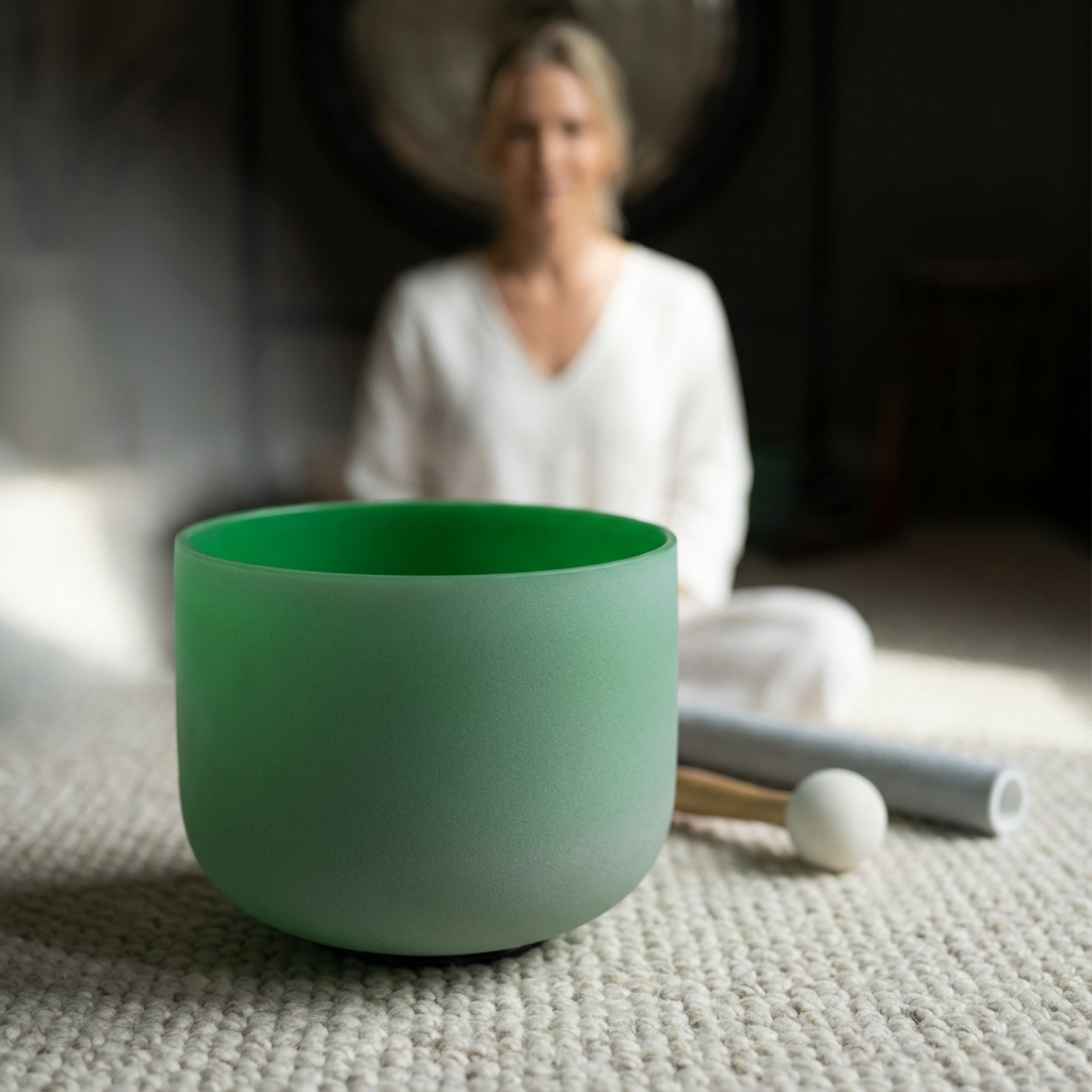 Bol chantant en cristal du chakra du cœur, note F verte