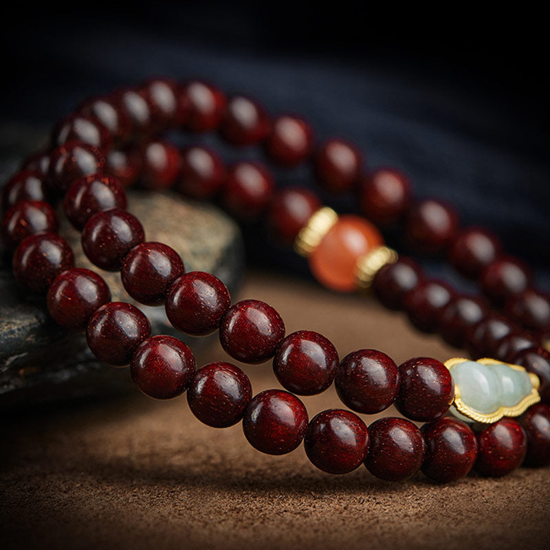 Chinese Zodiac Bracelet with Small Leaf Red Sandalwood & Jade for Protection