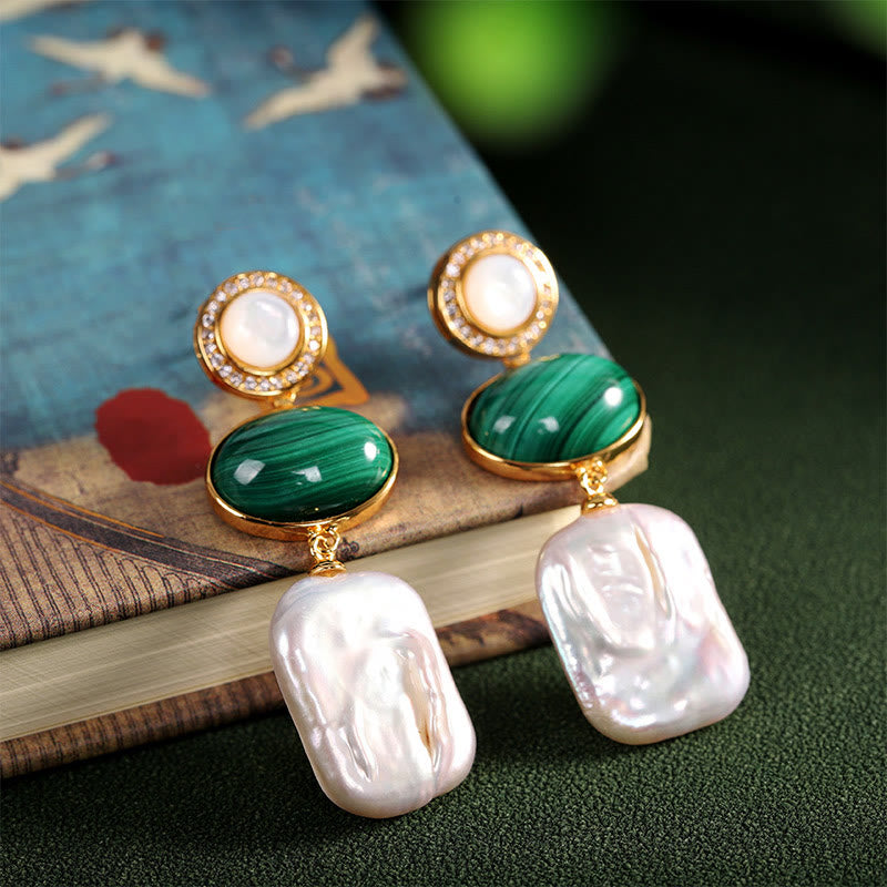925 Sterling Silver Malachite Baroque Pearl Healing Wisdom Drop Earrings