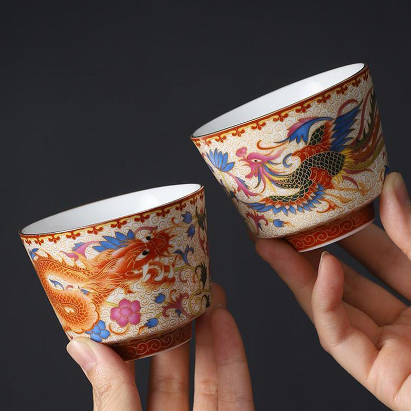 Lot de 2 tasses à thé en céramique motif dragon et phénix pour décoration zen