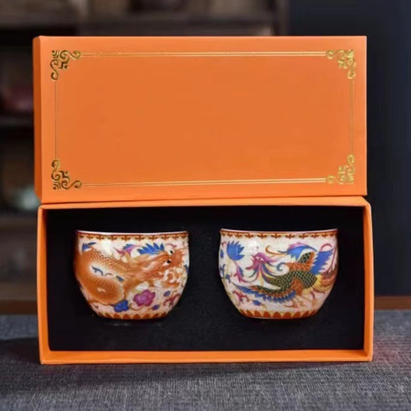 Lot de 2 tasses à thé en céramique motif dragon et phénix pour décoration zen