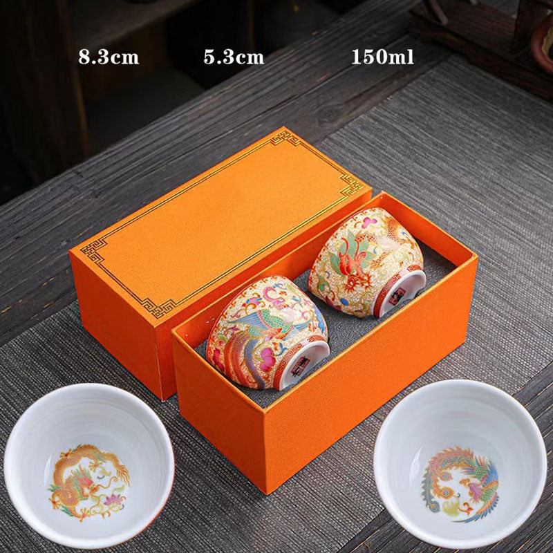 Lot de 2 tasses à thé en céramique motif dragon et phénix pour décoration zen