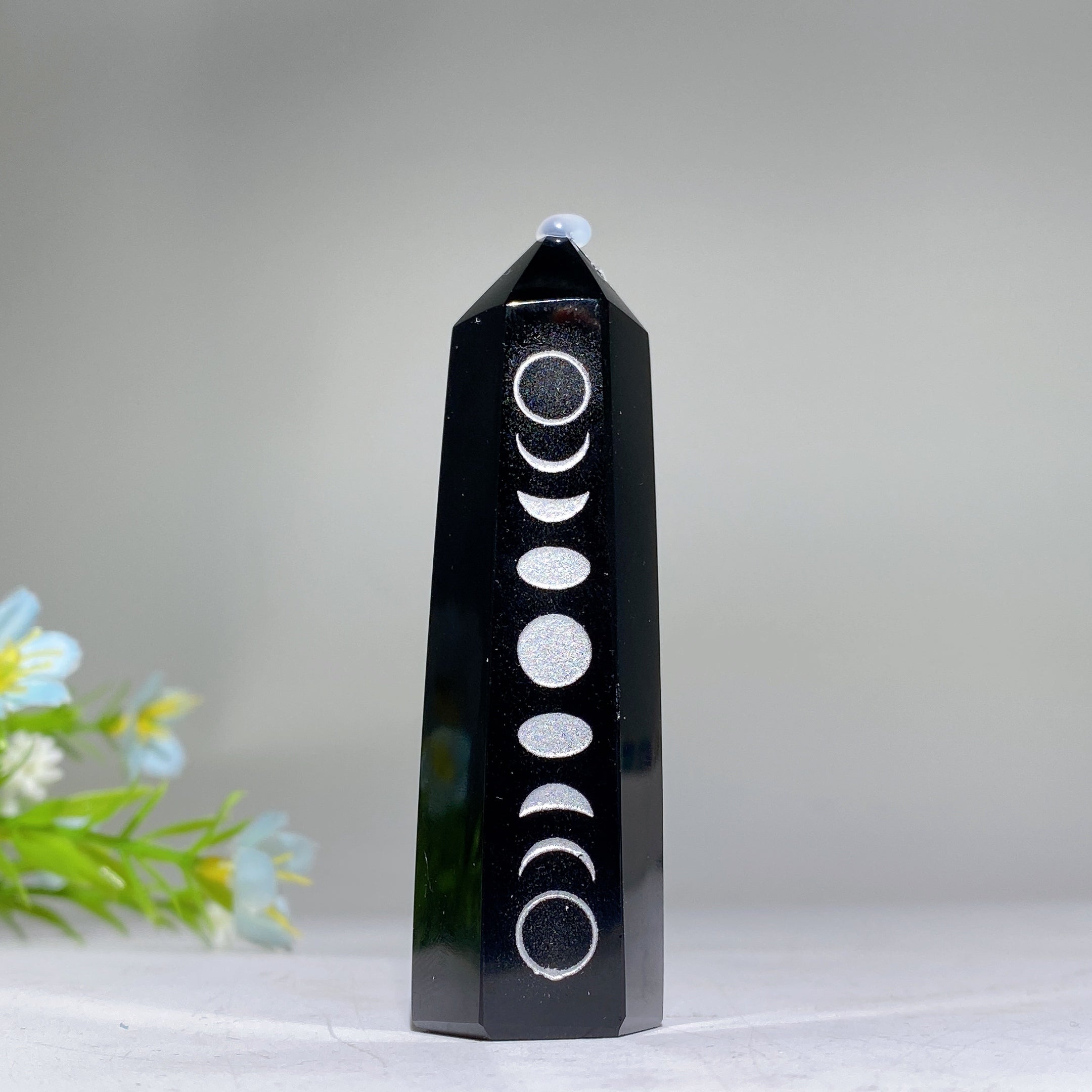 3.0 inch Clear Quartz Crystal Point with Moon Phase Engraving