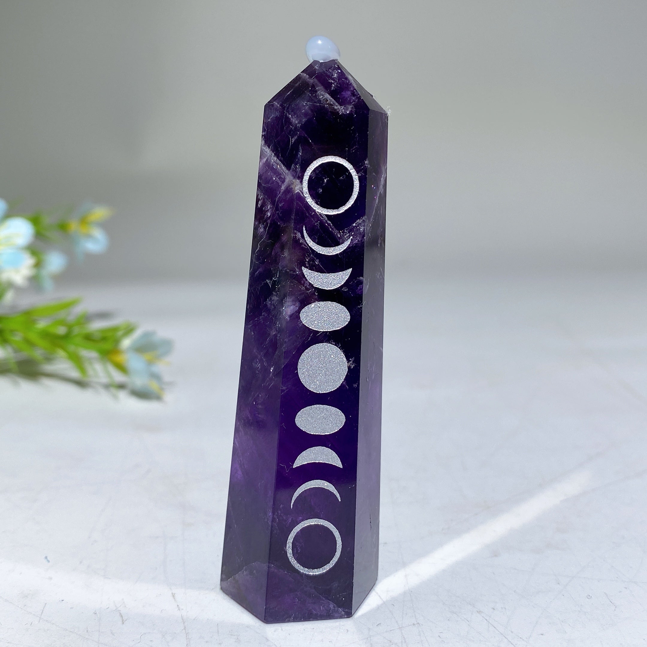 3.0 inch Clear Quartz Crystal Point with Moon Phase Engraving